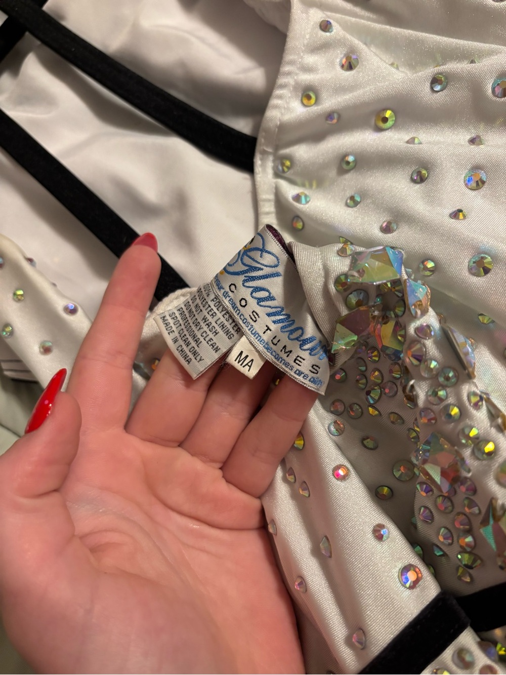 Glamorous Kid/A Dance Costume White with Black Straps and Iridescent Rhinestones